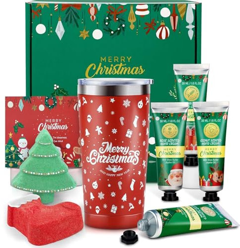 Weihnachtsgeschenke für Frauen, Wellness Geschenke für Weihnachten -7 tlg: 4 x Weihnachten Handcreme Set, 2 x Badebomben Geschenkset, 1x Weihnachtsbecher(600 ML), Kleine Geschenke für Frauen