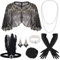 ELFIN 9-teiliges 1920er Flapper Great Gatsby Accessoires-Set Fashion Roaring 20's Theme Set mit Stirnband, Kopfbedeckung, langen schwarzen Handschuhen, Halskette, Schwarz Gold