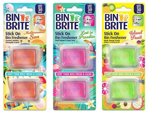 Bin Brite Stick On Bin Freshener, 3 Packs of Assorted, Mediterranean Sun, Lost in Paradise, Island Fruit Scents