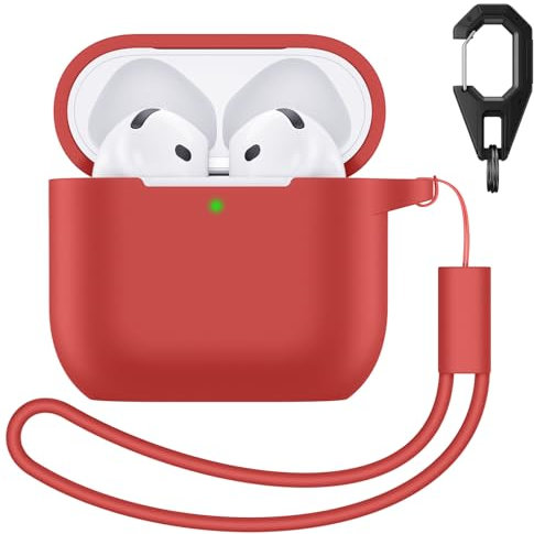 Charlam Silicone Case Compatible with AirPods 4, Soft Full Body Protective Case for Apple AirPods 4th Generation with Lanyard and Keychain, Red