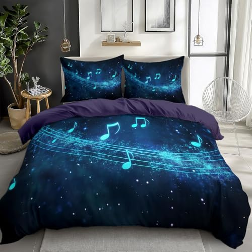 Quixora Bettbezug-Set mit Kissenbezug Meeresblau Bettwäsche-Set für Jungen Mädchen Kinder, Musik Sternenhimmel Noten Drucken Bettbezug 135 x 200 cm 3er Set Weich Mikrofaser, Atmungsaktiv