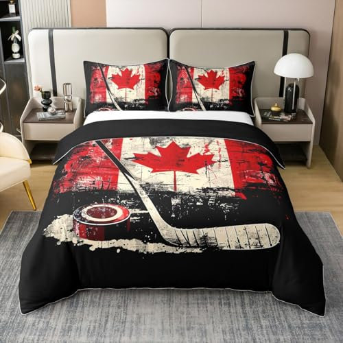 Loussiesd Kinder Eishockey 100% Baumwolle Bettwäsche Set 135x200cm Kanada Flagge Betten für Jungen Mädchen Wintersport Bettbezug Atmungsaktiv Bettwäsche-Set Zimmer Dekor