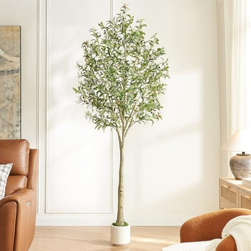 FloraFairy 8FT Artificial Olive Tree Indoor with Pot - Realistic Wood Trunk & Fruits, Extra Large Faux Plant for Home Office Décor, Tall Fake Olive Tree 8-Foot with Moss White Planter