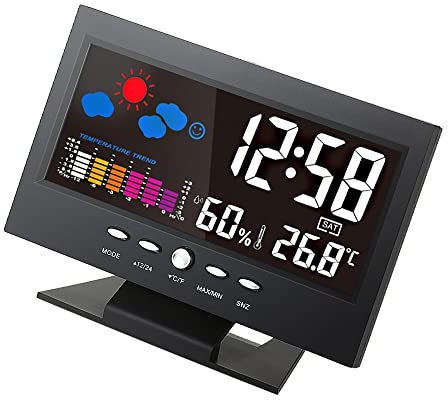 SHUAIGUO ° C / ° F Multifunktionale Innen Bunte LCD-Digital-Temperatur- und Feuchtigkeitsmessgerät Uhr Hygrometer Kalender-Temperatur-Trend Alarm Komfortniveau Wettervorhersage Vioce-aktivierte
