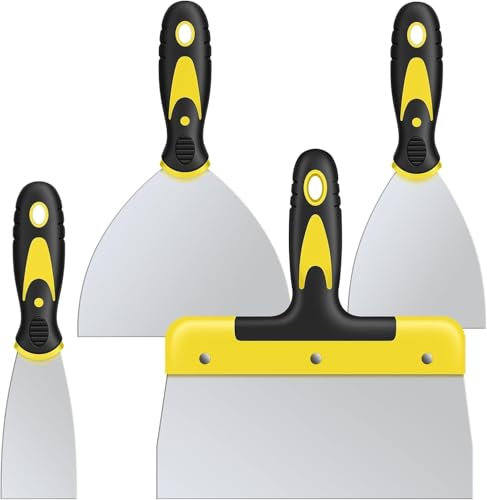 suokoun Juego de espátulas, 4 piezas de espátula de acero inoxidable con mango de plástico, espátula de pintura para papel tapiz y paredes (50 mm, 100 mm, 150 mm, 200 mm)