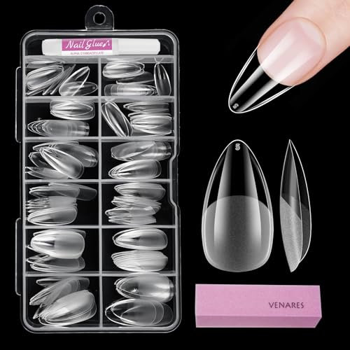 Capsule Americaine Ongle Amande Moyen, Venares 120 Pièces 12 Tailles Pose Americaine Ongle avec Colle, Blocs, Faux Capsules Amande Moyenne-M