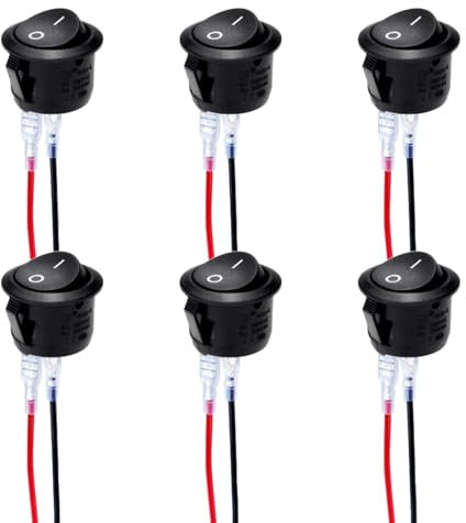 Powice 6 Stück Kippschalter mit Draht 12V/10A,Runder Selbstsichernder 2-Poliger Schalter 12V,Schalter12V10A/230V5A Geeignet für den Einbau in Häusern, Autos und Elektrischen Geräten(Schwarz)
