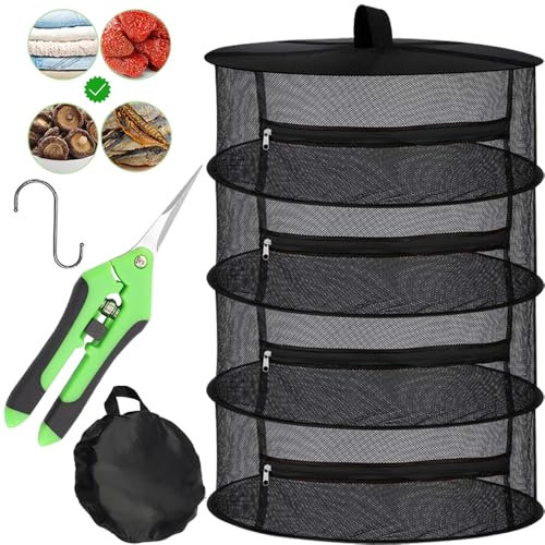 4-Lagiger Trockennetz,Trockennetz Kräuter,Kräuter-Trockenständer, Kräuter Trockennetz,Trocknungssystem mit Reißverschluss für Grow Zelt oder Gewächshaus,Trocknungsnetz mit Astschere und Haken,Schwarz