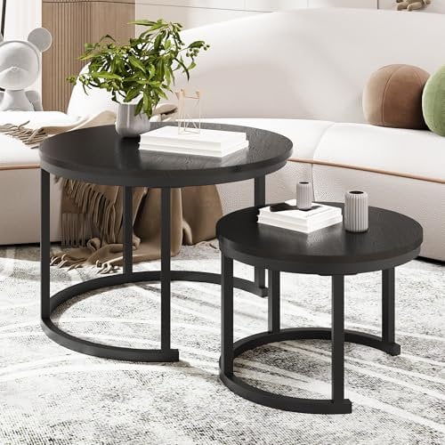 HOMERECOMMEND Couchtisch Rund,Satztisch 2er Set,Couchtisch aus Holz,Wohnzimmertisch Modern,Beistelltisch Set mit Metallgestell für Wohnzimmer Balkon,Schwarz