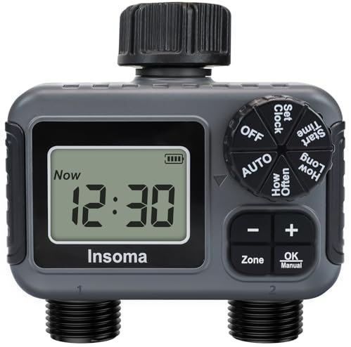 Temporizador de aspersor de 2 zonas, temporizador de agua Insoma con sistema de riego automático/manual/retraso de lluvia, temporizador de manguera programable, 2 salidas para riego de jardín,