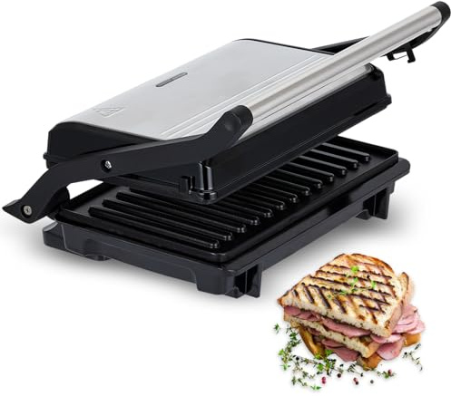 MPM Elektrischer Panini Grill MGR-13M - Küchengrill 1000 W - Sandwichmaker mit Zwei Grillmethoden - Kontaktgrill aus Edelstahl - Automatische Temperaturregelung