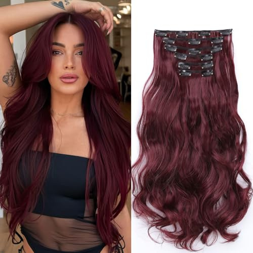 Cybelleza Clip in Hair Extensions Haarverlängerung 48cm 6 Teile Gewellte | Clip in Haarteil Haarverlängerungen für Frauen Synthetische Haare Lang Wellige Haarverdichtung, Weinrot