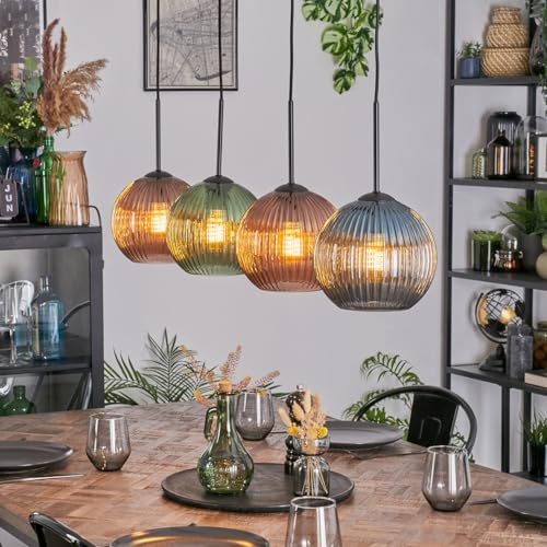 HOFSTEIN Hängeleuchte Koyoto, 4-flammige Hängelampe aus Metall/Riffelglas in Schwarz/Kupfer/Blau/Grün, Pendelleuchte im Retro/Vintage-Design (Schirme Ø 20 cm), E27, Esszimmer, Küche, Wohnzimmer