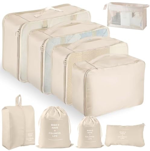 YAMAIDUO Organisateur Valise, Lot de 9 Rangement Valise, Imperméables Packing Cubes Résistant à la Déchirure, Pochette Voyage pour Vêtements Sous-vêtements Chaussures Cosmétiques, Beige