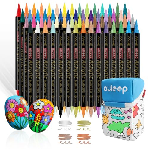 AULEEP 36 Acrylstifte für Steine Wasserfest mit 6 Glitzerstifte, Filzstifte Dicke und Dünne (Pinsel + Fein), Acrylic Marker Set mit Tragbarem Doodle Canvas Tasche, für Steine/Eier/Glas/DIY-Kunstwerke