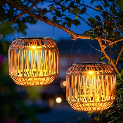Solarlaterne für Außen, Solarlampen für Draußen Hängend, Solar Laterne mit LED-Glühbirne Balkon Deko,Handgestrickte Solarlampen Outdoor, Wetterfest Solar Laternen für Terrasse Garten Veranda (2 Stc)