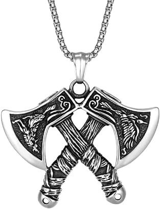 DACKLOONG Collar de hacha de batalla vikinga de acero inoxidable, doble hacha cruzada con colgante de amuleto de lobo y cuervo, cadena de caja duradera, joyería de mitología nórdica para hombre
