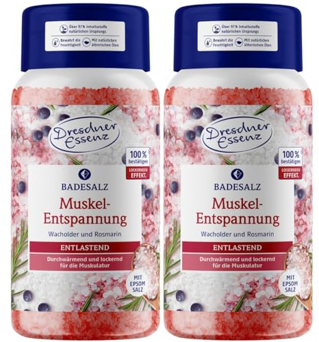 Dresdner Essenz Badesalz Muskel-Entspannung 2 x 600g-Dose | Badekristalle | Durchwärmt und lockert die Muskulatur mit ätherischen Ölen und magnesiumhaltigem Epsom Salz | Wacholder, Rosmarin, Minze