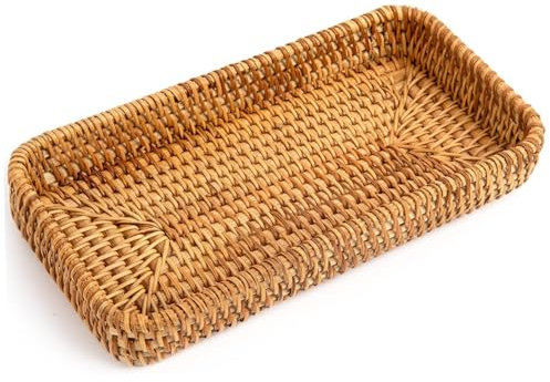 Rattan Tray, 8.3x4.3x1.6 Inch Rectangle Woven Tray, Storage Small Wicker Basket for Home, Office, Dining Room