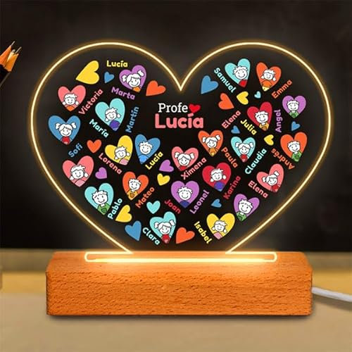 Transparent Gift Lámparas Personalizadas Corazones con Muñecos. Regalos Originales para Profesores. Lámpara Decorativa para Maestras. Regalos Personalizados Fin de Curso. Regalos para Hombre y Mujer.