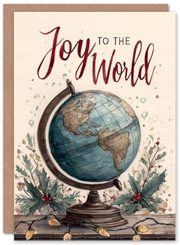 Artery8 Christmas Card Joy To The World Globe Holly Watercolour