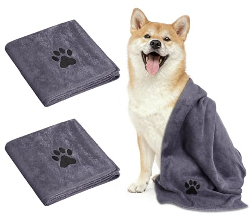 Adiwo 2 Pcs Large Microfiber Dog Towel, Soft Luxury Super Absorbent Dog Towel, Dries Pets Quickly, Machine Wash, Hand Washing and Dry, Bath Towel for All Breeds Dogs and Cats (75x35cm, Grey)