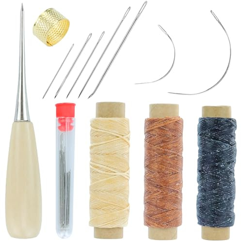 3 Rollen Kit Di Ago E Filo Per Cucire,kit Lavorazione Cuoio,Cucito E Riparazione in Pelle,Aghi Professionali Per Cucire A Mano Punteruolo Filo Cerato Ditale,Strumenti Artigianali Per Tappezzeria