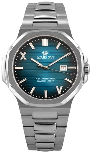LOUIS XVI Renaissance 1627 - Ø 40 mm - Herren Uhr - Wasserdicht - Uhr mit Saphirglas - Armband Silber - Zifferblatt Petrol Blau - Schweizer Quarzwerk