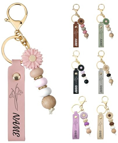 CGFN Personalisierte Schlüsselanhänger mit Namen,Personalisiertes Geschenk für Frauen Partner Brautjungfer| Schlüsselanhänger personalisiert Geburtsblume PU Leder Tasche Auto