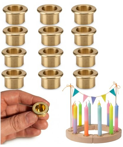 GLOWYBOX® Kerzenhalter für Geburtstagsringe Geburtstagsspiralen Kerzeneinsatz Messinghalter Kerzenkranz Geburtstagskranz Messingeinsatz für Holzkranz Wachsschutz Holzkränze Messingtülle (12)