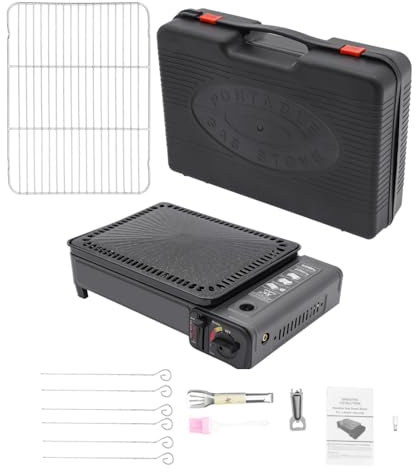 Hornillo de gas portátil 2 en 1 + barbacoa de gas pequeña, hornillo de camping con plancha + parrilla + 6 agujas de asar + maletín de almacenamiento + accesorios, llama ajustable, conexión butano/LPG
