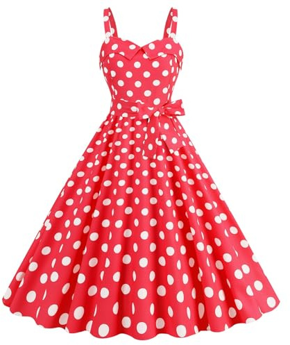 Robe Pin Up Femme Rouge Rose Bleu Noir 3XL Vintage Rétro Imprimée à Pois Mi Longue Elégante Style 1950's Robe de Soirée Cocktail sans Manches Année 50 Rockabilly Plissée Swing Fete de la Musique 5XL
