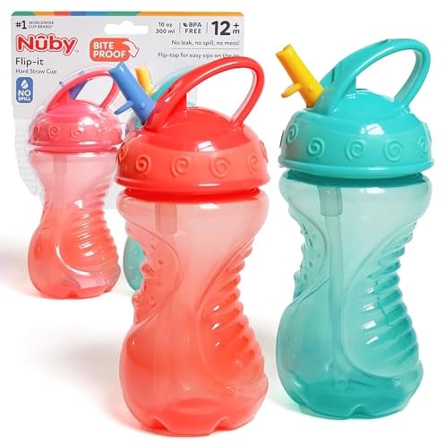 Nuby 2-Pack Flip-It Easy Grip Cups with Easy-Flo Straw, 10 Ounce, Colors May Vary