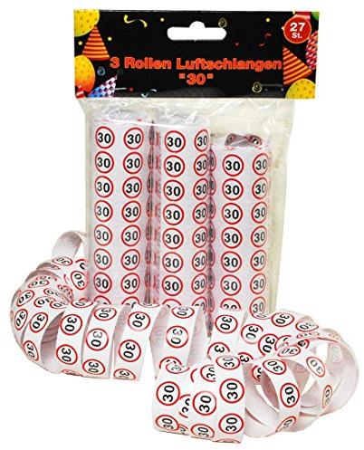 Udo Schmidt Luftschlangen-3 Rollen je 9 STK. -Verkehrszeichen rot/weiß-Zahl: 30, Papier