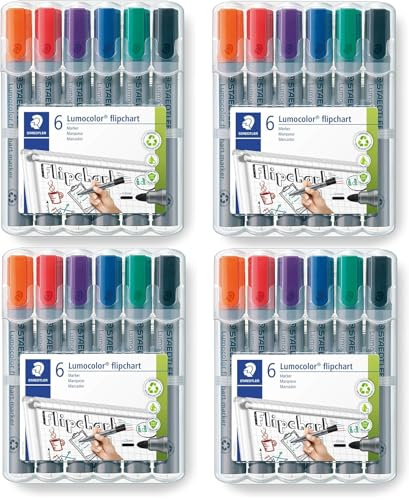 STAEDTLER Flipchart Marker Lumocolor, Rundspitze ca. 2 mm Linienbreite, lange Lebensdauer, nachfüllbar, farbintensiv, geruchsarm, hohe Qualität Made in Germany, Set mit 6 Farben, 356 WP6 (4 Packungen)
