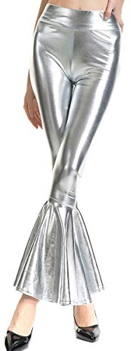 FYMNSI Damen Gl?nzende Schlaghose Trompetenhose Weite Bein Palazzo Lange Hose Hohe Bund Hippie 70er Glitzer Schlanke Leggins Einfarbig Metallic Wetlook Stretch Tanzhosen Disco Clubwear Silber S