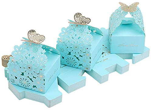 TsunNee 30PCS Hohlpapier-Bonbonboxen, Blumenmuster-Hochzeitsbevorzugungsboxen, Schmetterlingsmuster-Party-Geschenkboxen, Kreativpapier-Geschenkboxen (Blau, 7 x 6,5 x 4 cm)