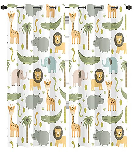 MESHELLY Verdunklungsvorhänge für Baby-Safari-Tiere, 132 x 160 cm (B x H), für Jungen, Schlafzimmer, Ösenpaar, Kinder, Wald, Dschungel, Löwe, Elefant, Kunstdruck, Vorhänge für Kinderzimmer,