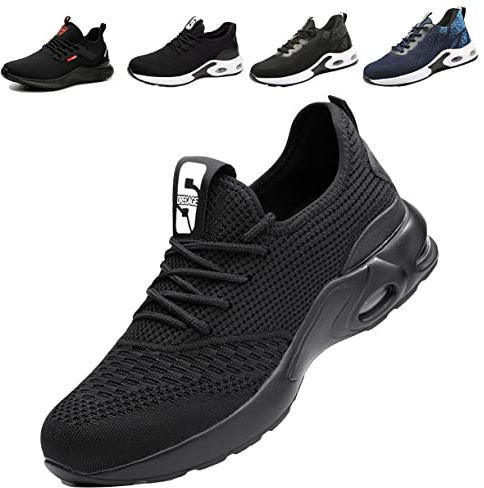 Scarpe Antinfortunistiche Uomo Donna Leggere Scarpe da Lavoro con Punta in Acciaio Traspiranti Antiscivolo Scarpe Sportive di Sicurezza 08 Puro Nero EU 37