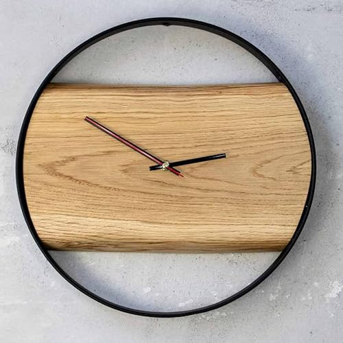 holz4home XL Wanduhr „Polished“ aus massiver polierter Eiche mit Stahl | Ø 37 x 4 cm | Handgefertigtes und Exklusives Unikat |