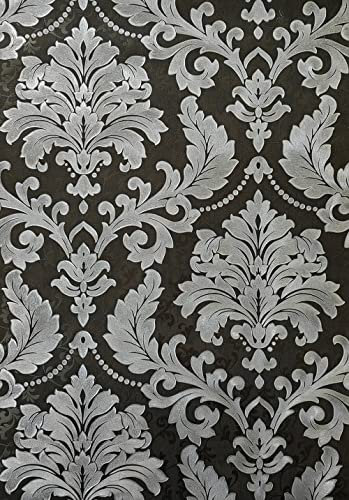 Luxury Damask Vintage Wallpaper Black Silver Embossed Vinyl Decorative Home Wallpaper 20.8in x 32.80ft