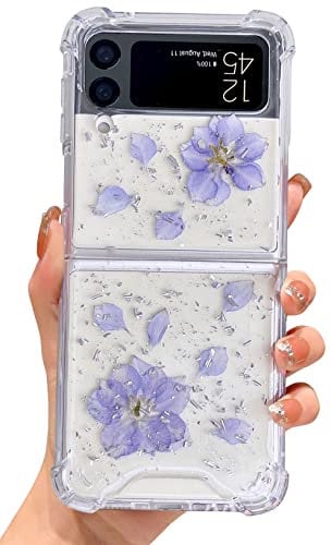 Efitoo for Samsung Galaxy Z Flip 4 5G Case Clear with Design Glitter Pressed Flower Cute Glitter Sparkle TPU & PC Transparent Women Girls Aesthetic Purple Phone Case for Z Flip 4 (Swallow Blue Flower)