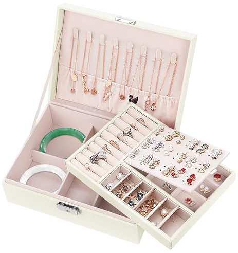 Mamowla Schmuckschatulle für Damen,Schmuckkästchen mit Schlüssel 2 lagige Schmuckaufbewahrungs Box für Halsketten, Ohrringe, Armbänder, Ringe, Schmucktasche aus PU-Leder für Mädchen und Frauen, Weiß