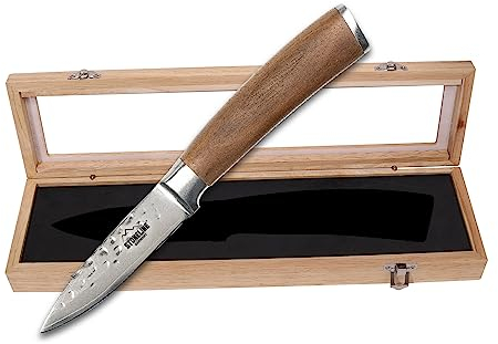 STONELINE Hammerschlag Damastmesser Schälmesser extrem scharfe 8,5 cm Klinge aus 67 Lagen, Damast Profi Küchenmesser Obst- und Gemüsemesser mit Hammerschlag & Nussbaumgriff