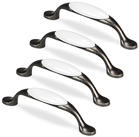 Mavö 4 Stück silber Griffe Landhaus Mölbelgriffe Schrankgriffe Porzellan Schubladengriffe Vintage Lochabstand, Griff für Möbel 96mm Marina.2 (Altsilber)
