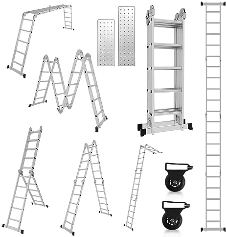 Gimisgu 5.8M Mehrzweckleiter, 4x5 Stufen Aluminium Vielzweckleiter Klappleiter mit 2 Plattform und 2 Räder, 7 in 1 Alu Leiter Gelenkleiter 20 Sprossen, Max. Tragfähigkeit 150KG
