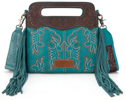 Wrangler Crossbody-Tasche für Damen, Western-Fransen, Tragegriff oben, bestickt, Bootscroll, Crossbody-Tasche, A-mitteltürkis, Medium