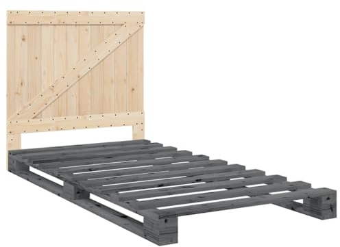 vidaXL Massivholzbett, Holzbett Bett mit Kopfteil, Bettrahmen mit Lattenrost, Palettenbett Einzelbett Schlafzimmerbett, Grau 100x200cm Kiefer