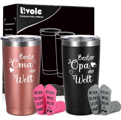 Livole Bester Opa Beste Oma der Welt, Geschenk Großeltern Weihnachten, Oma und Opa Geschenkset von Enkelkinder, Geschenk für Oma, Opa, Großeltern, Oma und Opa Socken, Isolierter Thermobecher, 2 Stück