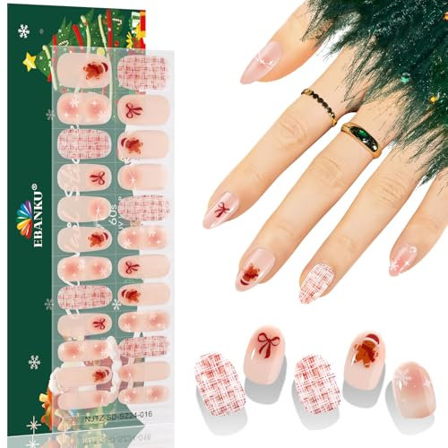 EBANKU Christmas Cured Gel Nail Strips, Glitter Gel Nail Polish Strips Long Lasting Waterproof Full Nail Wraps Stickers with Stick,File (Checkered Stripes and Bows Christmas Nails)
